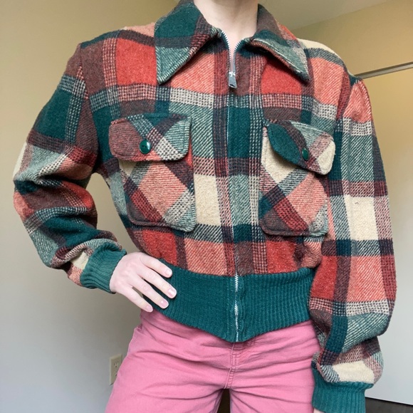 Vintage Jackets & Blazers - Vintage Plaid Bomber Jacket Fox Knapp Cropped Lumberjack Cabincore Retro 60s 70s